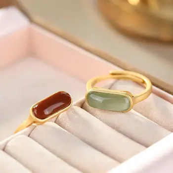 Naturlige Syd Rød Agat Ring S925 Sterling Sølv med Jade Justerbar Ring Simple Mode Klassiske Gave Ornament for Kvinder