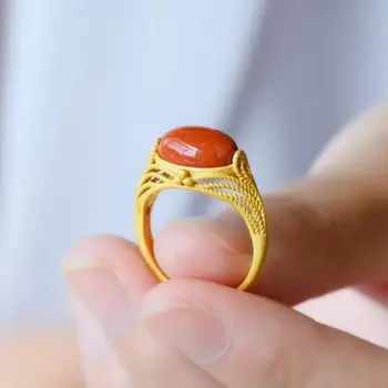 Naturlige Syd Rød Ring 925 Sterling Sølv Indlagt Forgyldning Håndværk Simple Mode Elegant Justerbar Størrelse