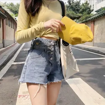 Net rød denim shorts til kvinder af høj talje sommeren 2019 koreanske elevernes alsidige tynd og løs bred ben hot pants
