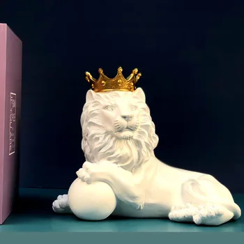 Nordisk Retro Crown Lion Kunsthåndværk Dyr Skulptur Hjem Tilbehør Til Udsmykning Moderne Kunst-Harpiks Statue Værelses Håndværk Figur