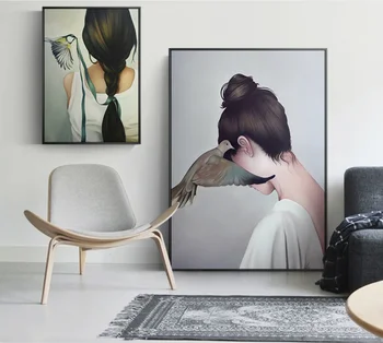 Nordisk Stil Pige, og Fuglen Lærred 5D DIY Hældte Lim Diamant Maleri Kits Flosset Kant Moderne Kunst på væggene Pictures Home Decor