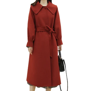 Ny 2020-dobbelt-sidet uld frakke klud Jul rød frakke kvindelige lang navy krave cashmere frakke