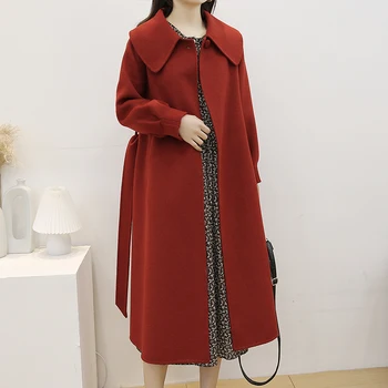 Ny 2020-dobbelt-sidet uld frakke klud Jul rød frakke kvindelige lang navy krave cashmere frakke
