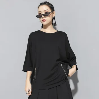 NY 2020-VARM Sommer, Kvinder T-shirt Mode afslappet Half sleeve O-hals Lynlås kvinder Toppe solid Løs Streetwear Kvindelige T-shirt