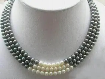 Ny 3 Rækker 7-8MM Sort Hvid Naturlige Perle Halskæde 17-19