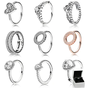 NY 925 Sterling Sølv Ring Mode Populære Charms Wedding Ring for Kvinder Hjerte-formet Elskere Runde Ringe, Smykker med Box