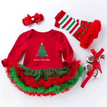 Ny Jule Kostumer Til Baby Girls Cute Træ Elk Rompers Med Blonder Tutu Skørter 4 Delt Sæt Nyfødte Spædbarn Børn Party Gave