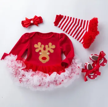 Ny Jule Kostumer Til Baby Girls Cute Træ Elk Rompers Med Blonder Tutu Skørter 4 Delt Sæt Nyfødte Spædbarn Børn Party Gave