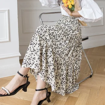 Ny koreansk Stil Blomster Udskrivning Mid-Længde Nederdel Elastisk Talje 2021 Foråret Sommeren Chiffon Høj Talje A - Linje Kvinders Nederdel