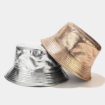 Ny Lakeret Læder Mænd Bucekt Hat Kreative Sammenklappelig Fiskeren Hat Kvinder Dobbelt-sidet Panama Udendørs Solen Beskyttelse Cap
