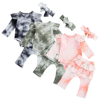 Ny Mode Spædbarn Baby Piger Tie-dye langærmet T-Shirts, Toppe, Bukser Hovedbøjle Tøj 3stk Tøj Sæt, 0-24M