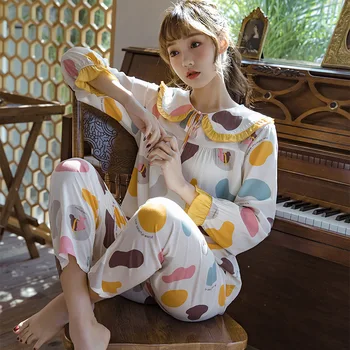 Ny pyjamas kvinders lange ærmer og bukser bomuld, silke, der passer rund hals koreanske version tynd baby krave hjem tøj