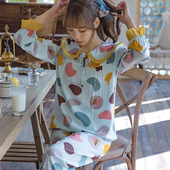 Ny pyjamas kvinders lange ærmer og bukser bomuld, silke, der passer rund hals koreanske version tynd baby krave hjem tøj