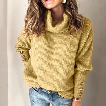Ny stil Europæiske kvinders turtleneck sweater øverste organ, tøj, mode-knappen ærmer flere farver valgfri trøjer