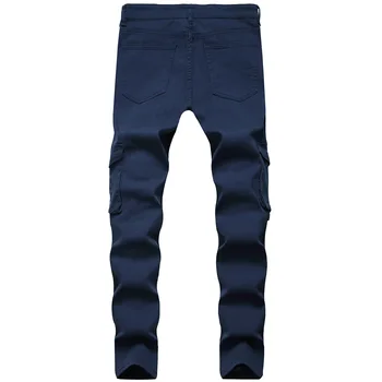 Ny Stil Multi-lommer Stretch Jeans Slim Jeans Mænd Mode Lang Denim Blyant Bukser Mandlige Tynde Royal Blå Moto & Biker