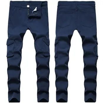 Ny Stil Multi-lommer Stretch Jeans Slim Jeans Mænd Mode Lang Denim Blyant Bukser Mandlige Tynde Royal Blå Moto & Biker
