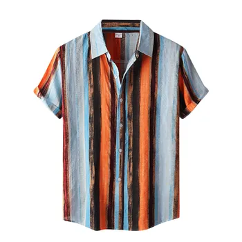 Ny Stribe Shirts Til Mænd Bomuld Print Korte Ærmer-Knappen Skjorte Bluse Top Herre Mode Vintage Tøj Camisa Hombre