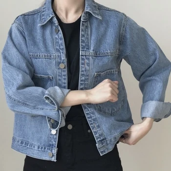 Nye 2021 Efterår og Vinter Kvinder er Denim Jakker Turn-down Krave Overtøj High Street Moderigtige Jeans Toppe