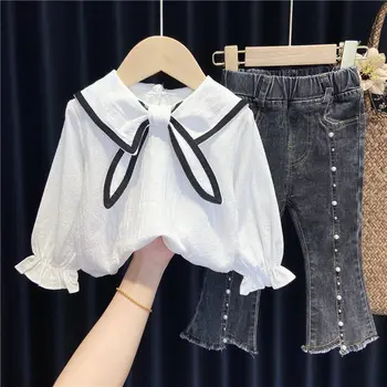 Nye 2021 Sommer Baby Pige Tøj Sæt Afslappet langærmet Top+Jeans Bukser Tøj til Børn måde, der Passer Børn Kostume Q27