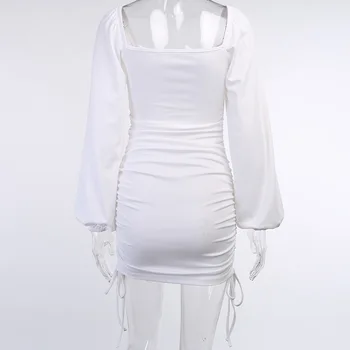 Nye ankomst efteråret langærmet kjole ruched snor Hvid Lanterne Ærme Plisserede Vintage Afslappet Kvinder Bodycon Kjole Vestidos