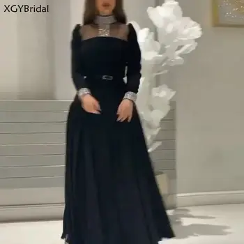 Nye Ankomst Høj Hals Prom Dress 2021 Lange Ærmer Ankel Længde Illusion Perlebesat Elegant Formel Aften Kjole Saudi-Arabien платье