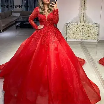 Nye Ankomst V-Hals Lange ærmer Aften kjoler 2021 Beaded Organza Abiye Aften kjoler Kaftan Dubai Kjole Part Robe de soiree