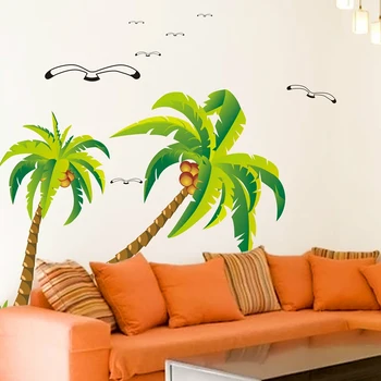 Nye Coconut Palm Tree Mærkat Tropisk Strand Vægoverføringsbillede Stue Baggrund Mærkat