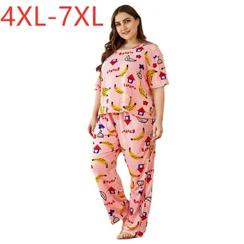 Nye Damer Sommer Plus Size Pyjamas For Kvinder Stort Kort Ærme Lyserød Print T-Shirt Og Bukser Hjem Bære Sæt 4XL 5XL 6XL 7XL