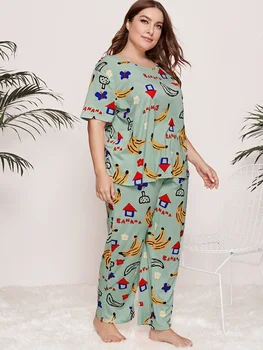Nye Damer Sommer Plus Size Pyjamas For Kvinder Stort Kort Ærme Lyserød Print T-Shirt Og Bukser Hjem Bære Sæt 4XL 5XL 6XL 7XL