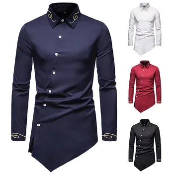 Nye forår 2021 shirt mænd, vintage court stil broderet skjorte, asymmetrisk langærmet skjorte, ensfarvet top, mænds shirt