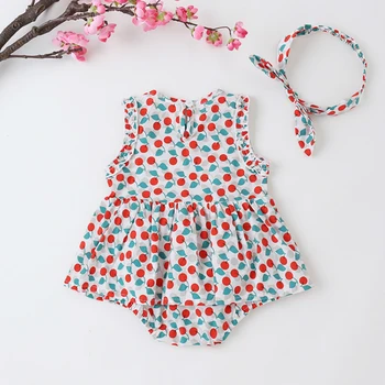 Nye koreanske Baby Pige Romper Baby Pige Tøj Kirsebær Print Ærmeløs Baby Sparkedragt Kjole+sløjfe Hovedbøjle Sommer Baby Jumpsuit 0-18M