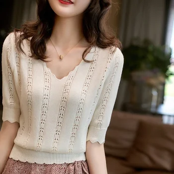 Nye koreanske Mode Sommeren V-hals Halvt Ærme Tynd Sweater Shirt for Kvinder, Kvindelige Sort Løs Hule Ud Strikket Pullover