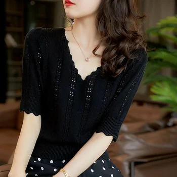 Nye koreanske Mode Sommeren V-hals Halvt Ærme Tynd Sweater Shirt for Kvinder, Kvindelige Sort Løs Hule Ud Strikket Pullover