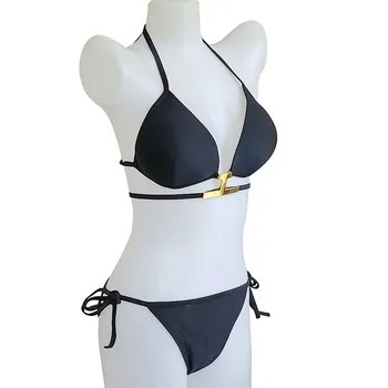 Nye Kvindelige Hals Halterneck Strappy Bikini Sæt, Push Up Badetøj String Badedragt Metal Plade Beach Spa-Badetøj Til Kvinder