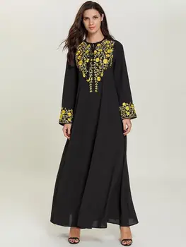 Nye Kvinder, Blomster Broderi Abaya Muslimske Kjole Part Cocktail Kaftan Kappe Kjole Islamisk Tøj Arabiske O-neck Dress Efteråret Casual