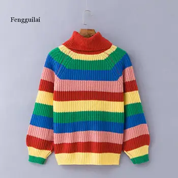 Nye kvinder farverige stribet strikket trøje med rullekrave kvinder sweater varm langærmet oversize strik pullover jumper pels