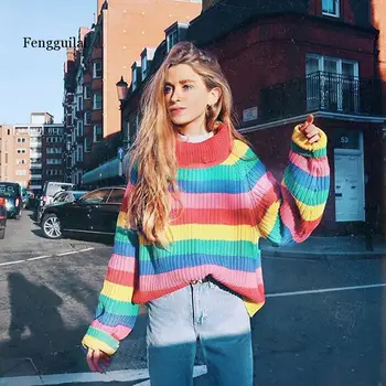 Nye kvinder farverige stribet strikket trøje med rullekrave kvinder sweater varm langærmet oversize strik pullover jumper pels
