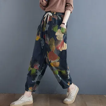 NYE Kvinder med Høj Talje Jeans Nye Ankomst Efteråret Streetwear Vintage Blomster Print Løs Kvindelige Casual Denim Harem Bukser
