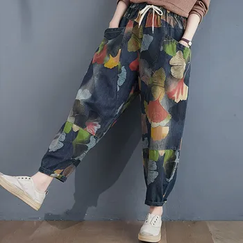 NYE Kvinder med Høj Talje Jeans Nye Ankomst Efteråret Streetwear Vintage Blomster Print Løs Kvindelige Casual Denim Harem Bukser