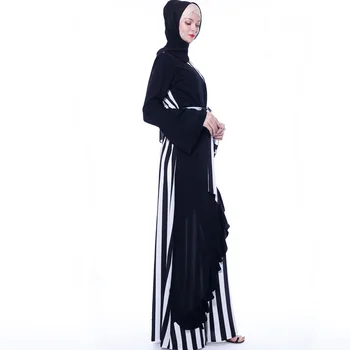 Nye Muslimske Pakistanske Indisk tøj robe kvindelige farve-blokerende stribet bøn passer trompet ærmer snøre Abaya Marokkanske kjole