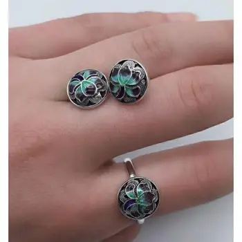 Nye originale designer håndværk cloisonne blomst øreringe ring sæt lys luksus med retro-charme damer sølv mærke smykker