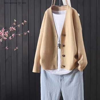 Nye produkter i efteråret og vinteren: ren farve alsidig knappen shorts strikket sweater cardigan kvinder casual kunst lang