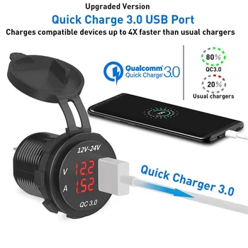 Nye QC 3.0 USB Oplader Stik med jordforbindelse Digital Voltmeter Amperemeter Overvågning Til Bil, Båd Marine Rv Motorcykel#292507