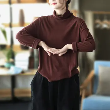 Nye Retro højhalset langærmet Børstet Bomuld Bunden Shirt Kvinders Slanke Solid Farve Pullover T-Shirten Behagelig,Blød Y615