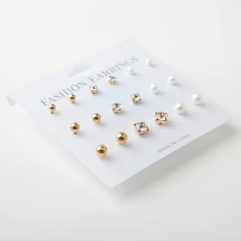 Nye rhinestone runde perle øreringe 9-delt sæt enkle personlighed mode guld legering øreringe