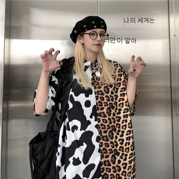 Nye sommer koreanske hip-hop ko leopard print syning løs casual skjorte