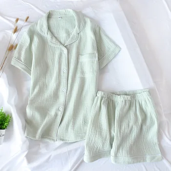 Nye Sommer Kvinders Pyjamas bomuldscrepe Korte Ærmer Shorts Home Wear Pyjamas for Teen Piger Lounge Wear To delt Sæt Sommer