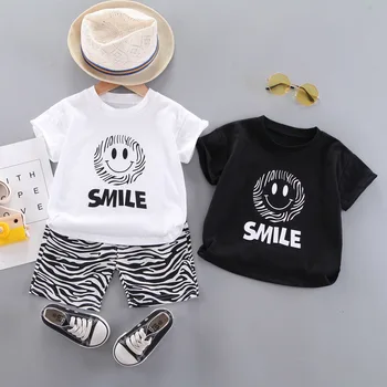 Nye Sommer Spædbarn Casual Tøj Sæt Baby Drenge Smiley Face Print T-shirt+ripple Shorts med Solcreme Ærme Børn Piger Outfits