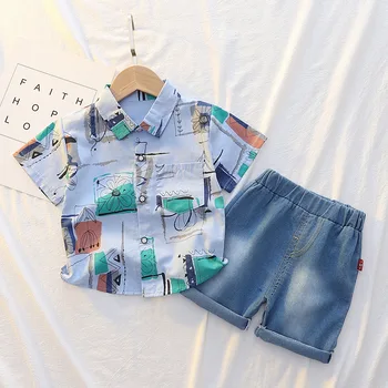 Nye Sommer Toddler Drenge Modetøj Sæt Baby Piger Personlig Udskrivning Revers Shirt +denim Shorts 2STK Passer til Kids Tøj