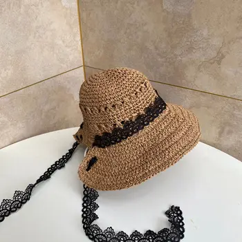 Nye Sun Hat til Kvinder Åndbar Blonder Hule Håndlavet Strå Hat Sammenklappelig Sommer Hat Wide Brim Anti-UV Strand Hat Kvindelige Chapeau